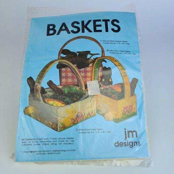 Vintage 1980 JM Designs Yarn Easter Basket Craft Kit Yellow bunny - Picture 1 of 5